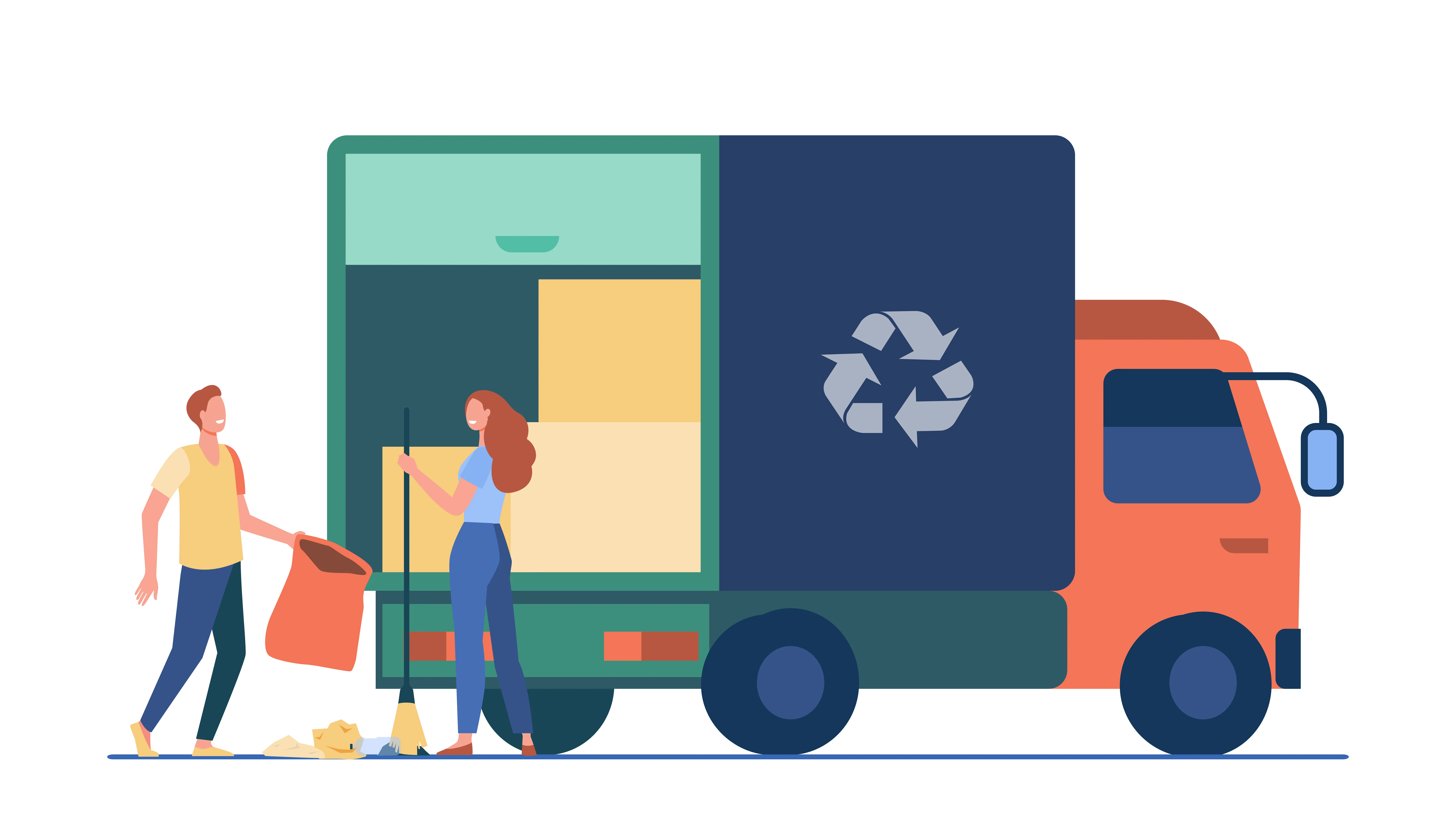 Illustration: Team einer Entrümpelungsfirma lädt Kartons in einen LKW mit Recyclingsymbol